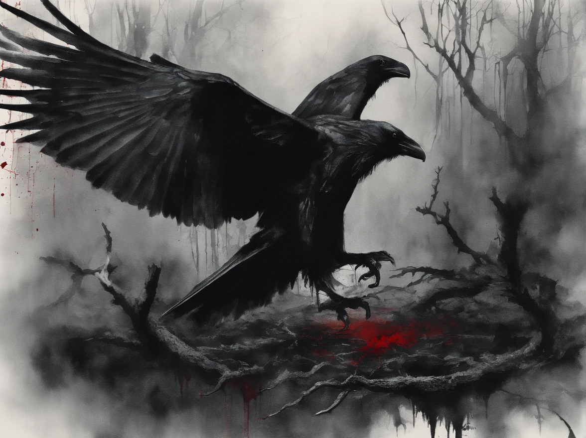 3 ravens, gather around a human heart lying on the floor (painted in red ink), the red heart lies in the ground in close up, in the middle of the scene, blurred in the rain, Black and white atmosphere of a forest in rainy weather, (Ink wash style:2), the depiction of heavy rain, mist and countless ravens standing on the branches of the trees higlight the details of the landscape