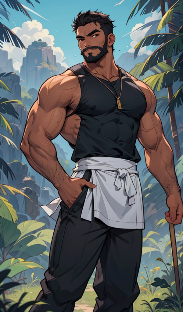 Hombre maduro daddy, musculoso, fornido, alto, atractivo, masculino, cabello negro, pocas canas,cabello corto. Ojos azules, cicatriz mejilla, barba afeitada, chef, top tank negro, mangas, brazos fuertes, cicatriz en brazos, tatuaje brazo, cigarrillo, black pants, fighting pants, piernas abiertas, pose relajada, sonrisa, looking at the camera, pose sensual, camera up, High Definition, colorido, alta calida. Fondo frio, noche. Pose de pelea, gesto serio. Cuchillos levitando