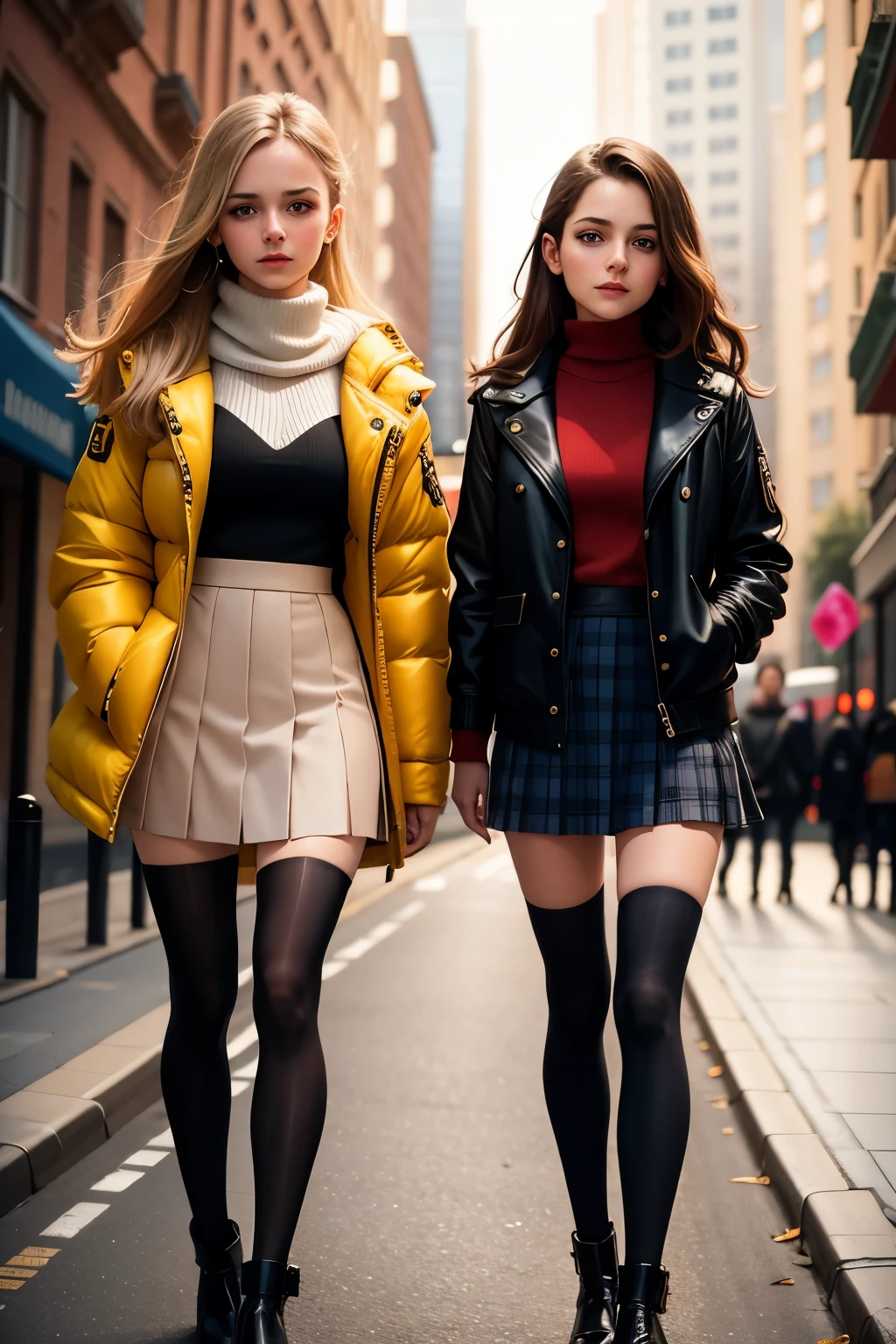 women and a little gir standing next to each other on a sidewalk, alena aenami and lilia alvarado, fashion model, modeling for dulce and gabanna, full body cute young lady, two models in the frame, two girls, thighhighs and skirt, tall and slim, gorgeous young model, mini-skirt, style of julia razumova, beautiful model girl