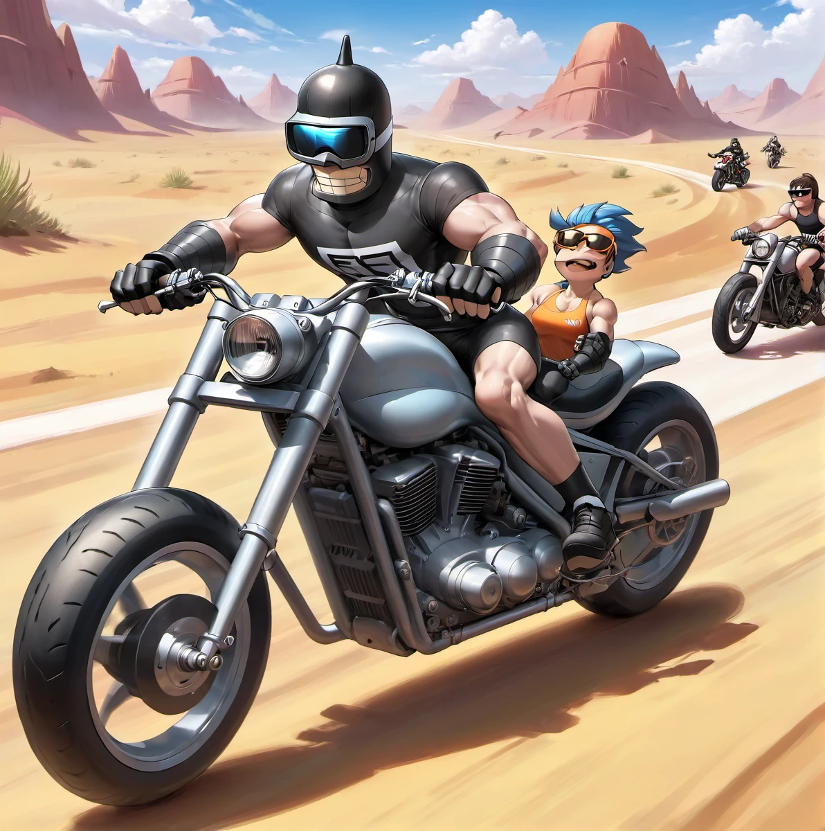 Bender riding Motorcycle, Sunglass, Large Muscle,  marathon finishline at desert, Style of Hellper 