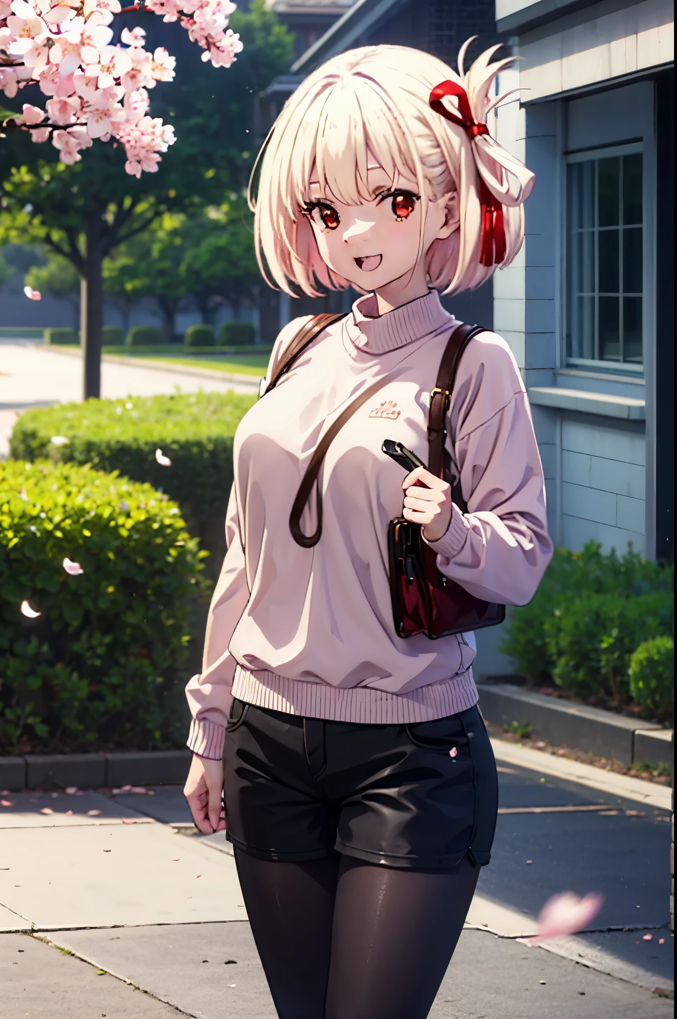 chisatonishikigi, Chisato Nishikigi, Long Hair, bangs, Blonde, (Red eyes:1.5), hair ribbon, One side up,happy smile, smile, Open your mouth,Red oversized sweater,Shorts,Black pantyhose,Mini Boots,Cherry blossoms are blooming,Cherry blossoms are scattered,Cherry blossom tree-lined path,
break outdoors, University School building,
break looking at viewer, (Cowboy Shot:1.5),
break (masterpiece:1.2), highest quality, High resolution, unity 8k wallpaper, (figure:0.8), (Beautiful fine details:1.6), Highly detailed face, Perfect lighting, Highly detailed CG, (Perfect hands, Perfect Anatomy),