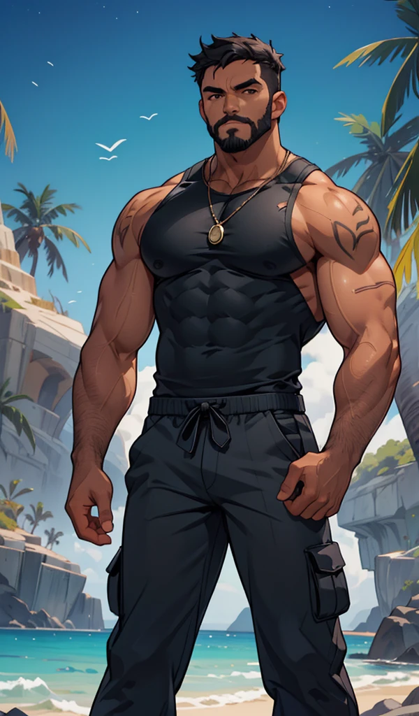 Hombre maduro daddy, musculoso, fornido, alto, atractivo, masculino, cabello negro, pocas canas,cabello corto. Ojos azules, cicatriz mejilla, barba afeitada, top tank negro, mangas, brazos fuertes, cicatriz en brazos, tatuaje brazo, cigarrillo, black pants, fighting pants, piernas abiertas, looking at the camera, pose sensual, camera up, High Definition, colorido, alta calida. Fondo frio, noche. Pose de pelea, gesto serio. Cuchillos levitando