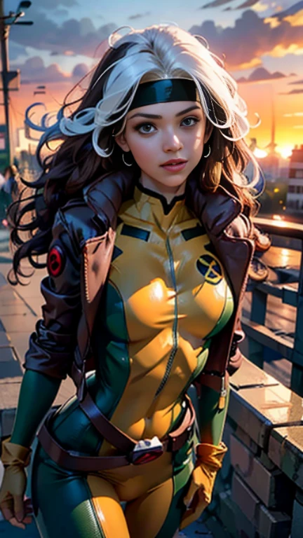 jessica alba、Wet、Full body view, Long Hair, brown hair, Green Eyes, lipstick, compensate, lips,Emphasize cleavage、 sexy、White stripes in hair, like, Wavy Hair, Messy Hair, Curly Hair, middle～Large breasts, Surface Plot, ((Kelli Berglund:Bailee Madison:0.5)), 黄colorのスーツ, Jacket, gloves, belt, gloves amarillos, Green Suit, (Bodysuits:1.4), Traje multicolor, (Superhero:1.4), tight skin, Ropa multicolor, Garden and wisteria background, Official Art, extremely detailed CG 8k wallpaper, Perfect lighting, De color, bright_amount_method_Light, piel bright, (masterpiece:1.0), (Better_quality:1.0), Ultra-high resolution, 4k , Super detailed, director of photography, 8k, HDR, Altas ResoLightones, (Disorganized:1.2), Kodak Portrait 400, Film Grain, blurred background, (Bokeh:1.2), Lens flare, (Vibrant_color:1.2), Professional photography, (beautiful_method:1.5),More detailed 8K.Unreal Engine:1.4,Hmm,La Better calidad:1.4, Realistic:1.4, skin temperature:1.4, masterpiece:1.8,masterpiece, Better calidad,object object], (Detailed facial features:1.3),(Antesedentes apocalyptic destroyed city:1.4), (Apocalyptic Sunset:1.4)