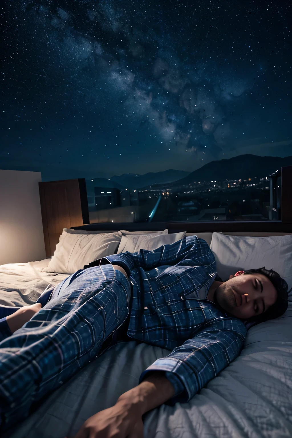 A man sleeping in pajamas on a bed with a calm face and leaving his body flying on an astral journey with a starry sky background