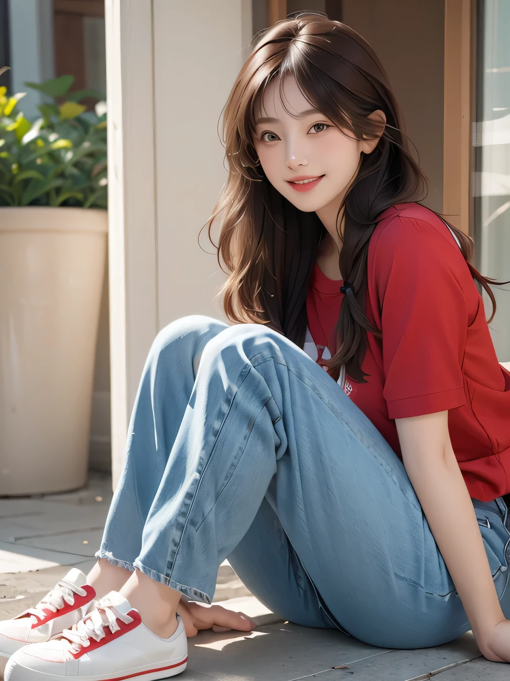 (masterpiece:1.3), (8k, Realistic, RAW Photos, highest quality:1.4), (Realistic face), (brown hair, 1 Knitting, Braided hair:1.3),smile、Beautiful teeth alignment、 Beautiful Hairstyles, Realistic eyes, Beautiful small blue eyes, (realistic skin texture), (Beautiful Skin), ( charm, Ultra-high resolution, Ultra-realistic skin, (Natural light)、Golden Ratio, ((smile)), ((full body shot)), (((Red trainer)))、((Skinny jeans and sneakers))