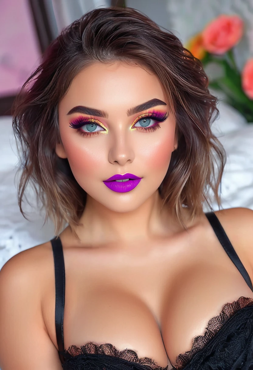 (best quality,ultra-detailed,photorealistic:1.37), vivid colors, beautiful detailed eyes, beautiful detailed lips, long eyelashes, charming smile, flawless skin, trendy hairstyle, Nail polish with bright colors, daintily contoured cheeks , rainbow eyeshadow, striking cat-eye eyeliner, intense satin finish lipstick, sexy expressions, , sleek-and-sexy outfit, high heels, exquisite details in every outfit, prominent presence on in bedroom, stylish accessories, tight corset like clothing with long side splits, exposed hard detailed nipples, teenager, on a bed, small pert exposed breasts, gymnast body, legs spread open