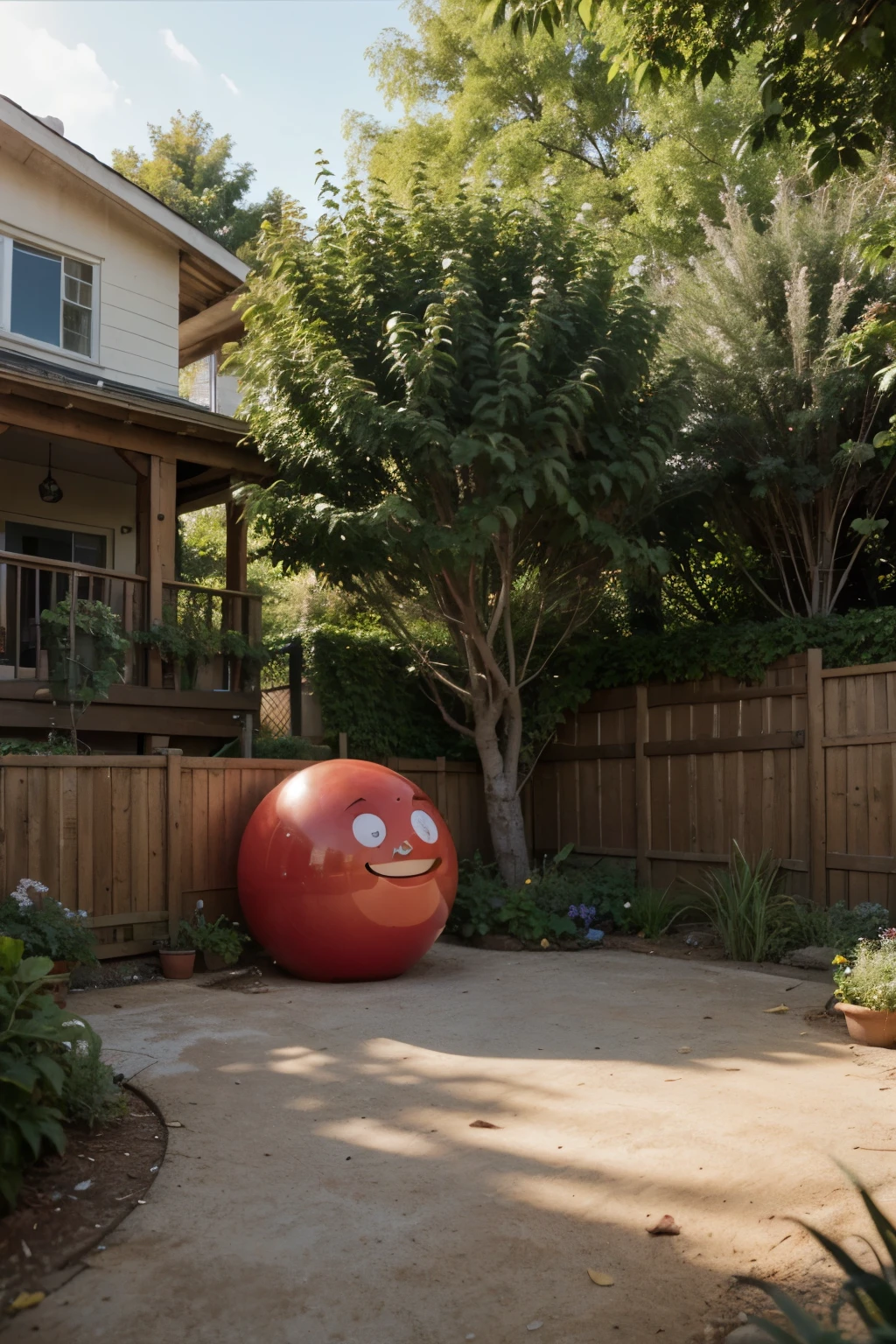 ((best quality)), ((masterpiece)), (detailed), perfect face 3D, personality: A bright and sunny backyard with a  bouncing a red ball against a wooden fence. Sunlight filters through the leaves of a large, leafy bush next to the fence. unreal engine, hyper real --q 2 --v 5.2 --ar 16:9 Cartoon Style