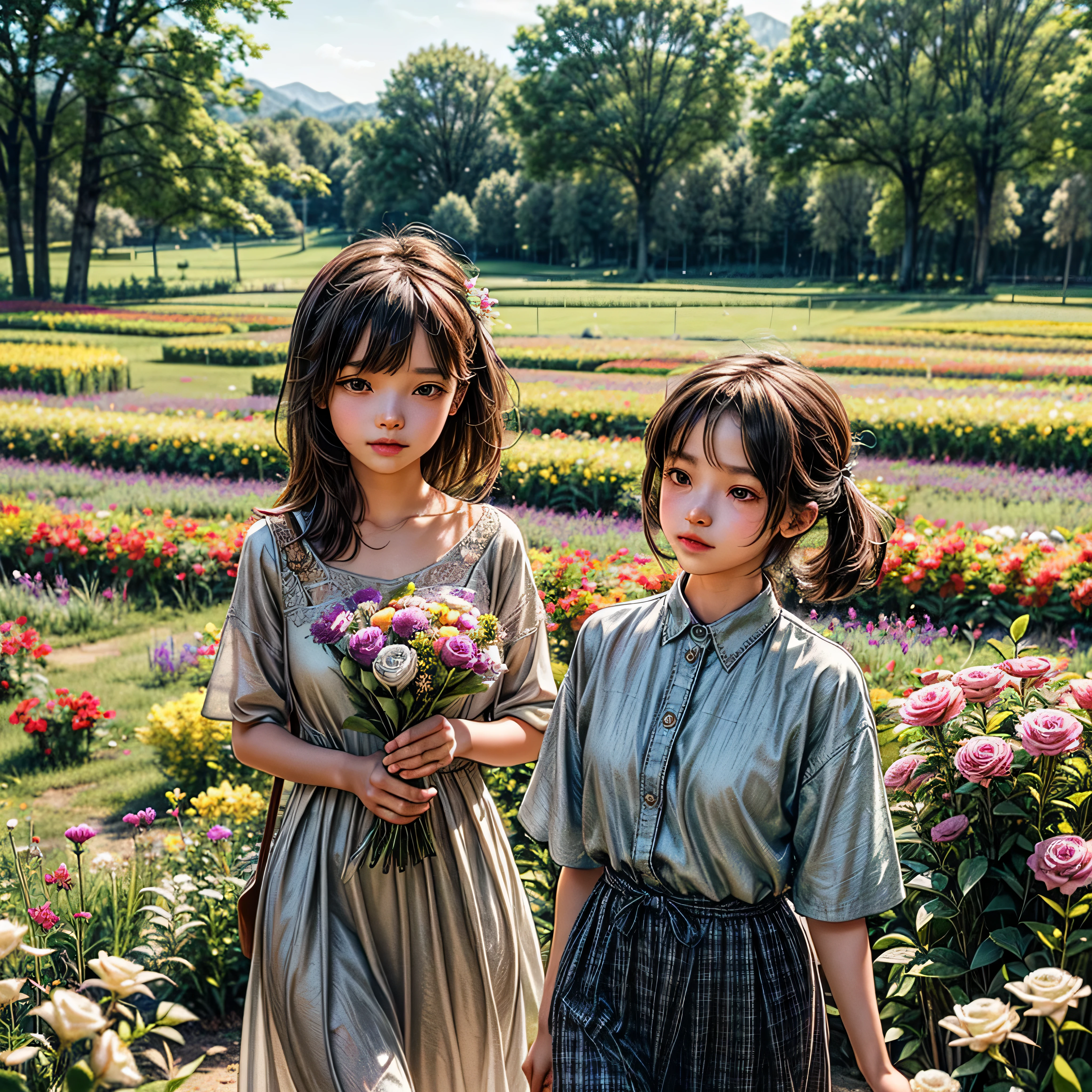there is a little girl in a red and white dress holding a bouquet, girl in flowers, picking flowers, holding flowers, picking up a flower, girl standing in flower field, girl standing in a flower field, flowers on heir cheeks, girl in a flower field, portrait of girl in flower field, girl walking in forest, girl with a flower head