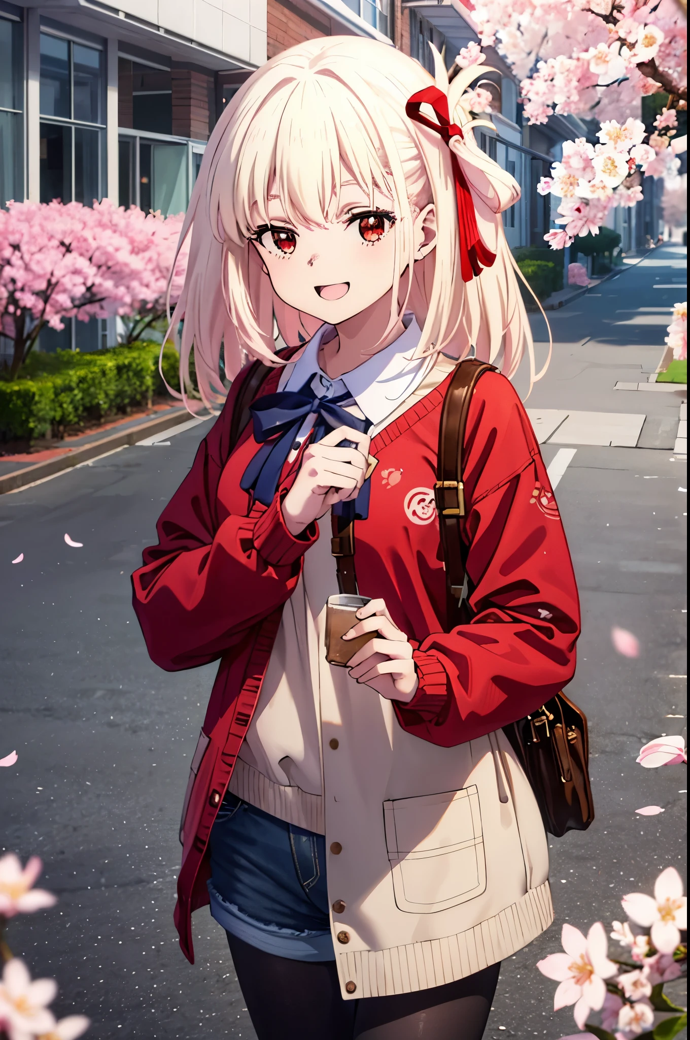 chisatonishikigi, Chisato Nishikigi, Long Hair, bangs, Blonde, (Red eyes:1.5), hair ribbon, One side up,happy smile, smile, Open your mouth,Red oversized sweater,Shorts,Black pantyhose,Mini Boots,Cherry blossoms are blooming,Cherry blossoms are scattered,Cherry blossom tree-lined path,
break outdoors, University School building,
break looking at viewer, (Cowboy Shot:1.5),
break (masterpiece:1.2), highest quality, High resolution, unity 8k wallpaper, (figure:0.8), (Beautiful fine details:1.6), Highly detailed face, Perfect lighting, Highly detailed CG, (Perfect hands, Perfect Anatomy),