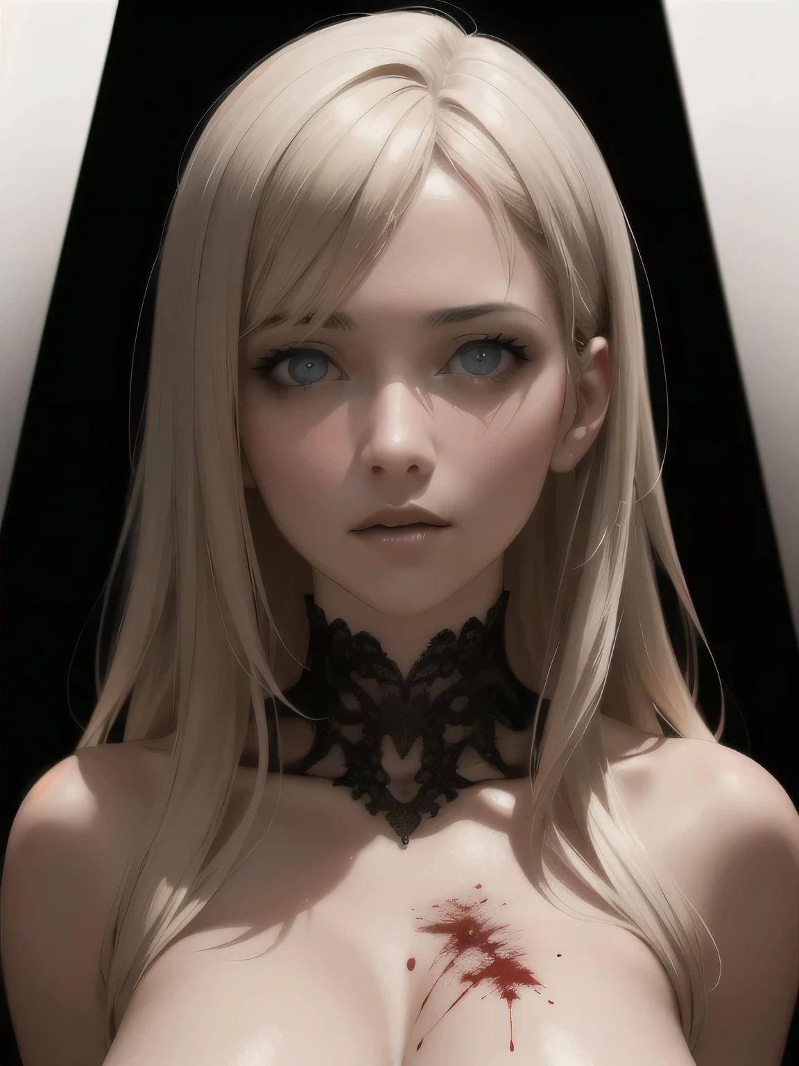 masterpiece, best quality, (realistic), (perfect face), intricate, beautiful scenery, cinematic lighting, (((black))), white background, black splash, nude, 1woman, portrait, blonde hair, glowing eyes, blood on throat