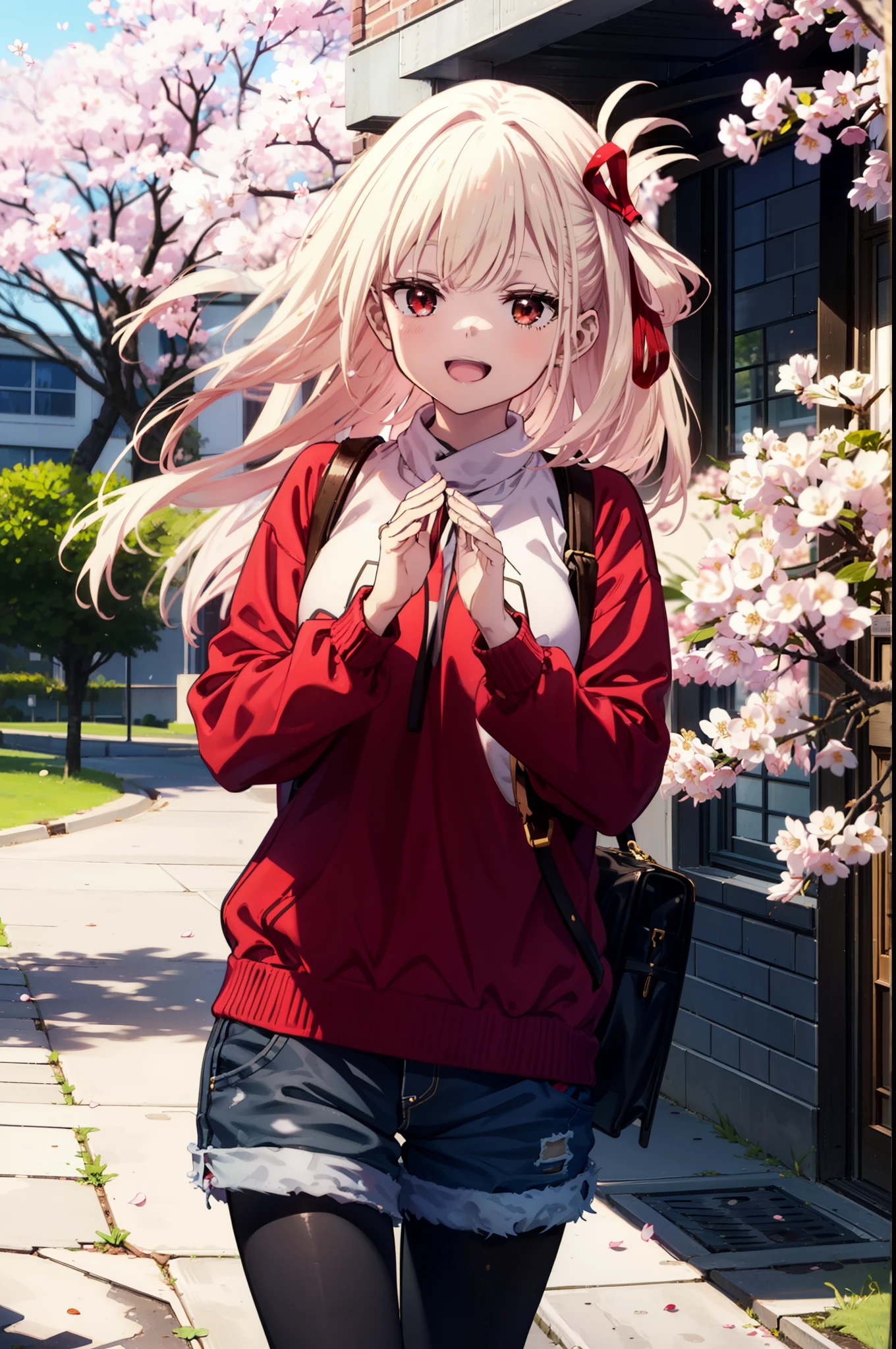 chisatonishikigi, Chisato Nishikigi, Long Hair, bangs, Blonde, (Red eyes:1.5), hair ribbon, One side up,happy smile, smile, Open your mouth,Red oversized sweater,Shorts,Black pantyhose,Mini Boots,Cherry blossoms are blooming,Cherry blossoms are scattered,Cherry blossom tree-lined path,
break outdoors, University School building,
break looking at viewer, (Cowboy Shot:1.5),
break (masterpiece:1.2), highest quality, High resolution, unity 8k wallpaper, (figure:0.8), (Beautiful fine details:1.6), Highly detailed face, Perfect lighting, Highly detailed CG, (Perfect hands, Perfect Anatomy),