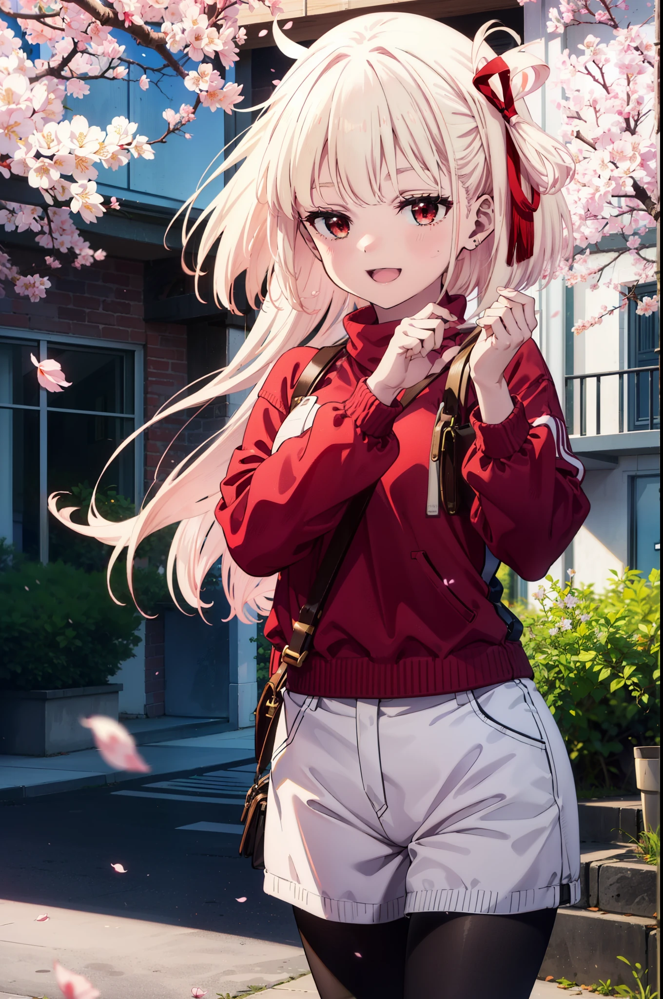 chisatonishikigi, Chisato Nishikigi, Long Hair, bangs, Blonde, (Red eyes:1.5), hair ribbon, One side up,happy smile, smile, Open your mouth,Red oversized sweater,Shorts,Black pantyhose,Mini Boots,Cherry blossoms are blooming,Cherry blossoms are scattered,Cherry blossom tree-lined path,
break outdoors, University School building,
break looking at viewer, (Cowboy Shot:1.5),
break (masterpiece:1.2), highest quality, High resolution, unity 8k wallpaper, (figure:0.8), (Beautiful fine details:1.6), Highly detailed face, Perfect lighting, Highly detailed CG, (Perfect hands, Perfect Anatomy),