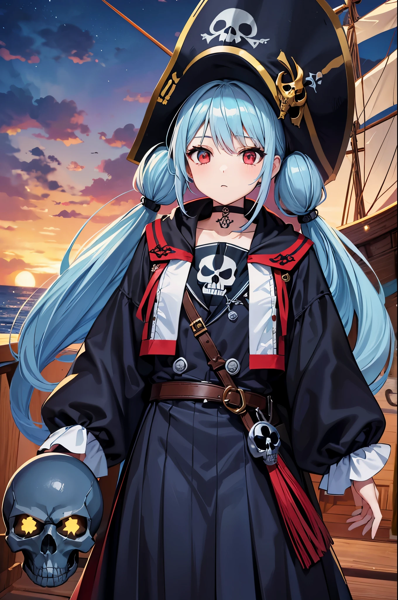 Light blue long hair、Beautiful girl with twin tails、"pirate skull", Open seaにpirate shipの背景、Red pirate costume、Many hat colors, Gold accessories, Shining Eyes、Skull face with many tattoos. All images must have a skull face. pirate ship、Open sea、sunny