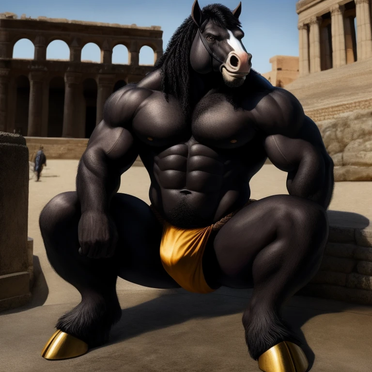 Furry, Antro Bara, [Horse color dark Black metal] , [Fundoshi Bulto Male Big], [Fundoshi White], Solo, [Bulto Male Big], Big Balls, Hooves , Detallado, cuerpo completo, Cuerpo Peludo Negro, Cuerpo Perfecto Fondo Ciudad Romano, Pupil Eyes Gold Perfect, Alta resolucion,