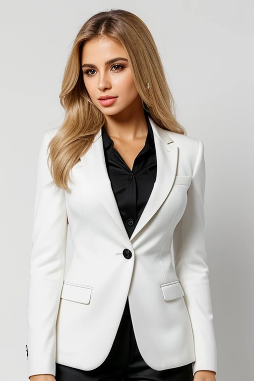Beautiful woman (One) with Brazilian features. White skin, long golden-blonde hair, Brown eyes, sculpted body, Beautiful breasts, medium height, weight corresponds to height, to have a beautiful body, (((in a black suit))) ((white solid background))