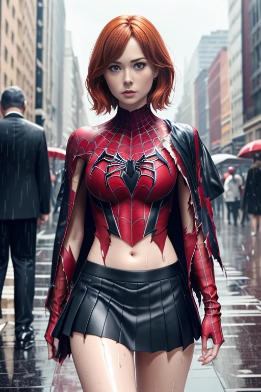 Karen Gillan、マーベル・コミック映画のPoster, Very beautiful, movies about spiderman, sexy, whole body, I'm wearing a skirt、premiere date, Poster、belly buttonを突き出す、new york、she's wearing a torn spiderman suit,the suit is torn、wearing a skirt、 red and black color scheme,dynamic、masterpiece、highest quality、Ultra-detailed、Very detailed、A delicate and beautiful shine、超A high resolution、Cinematic,Break,Breakdrop,(Torn clothes:1.5), (Wet clothes:1.4), Bare shoulders,Real Rain,Wet Hair,belly button、Exposing Skin、sexyな肩を見せてる