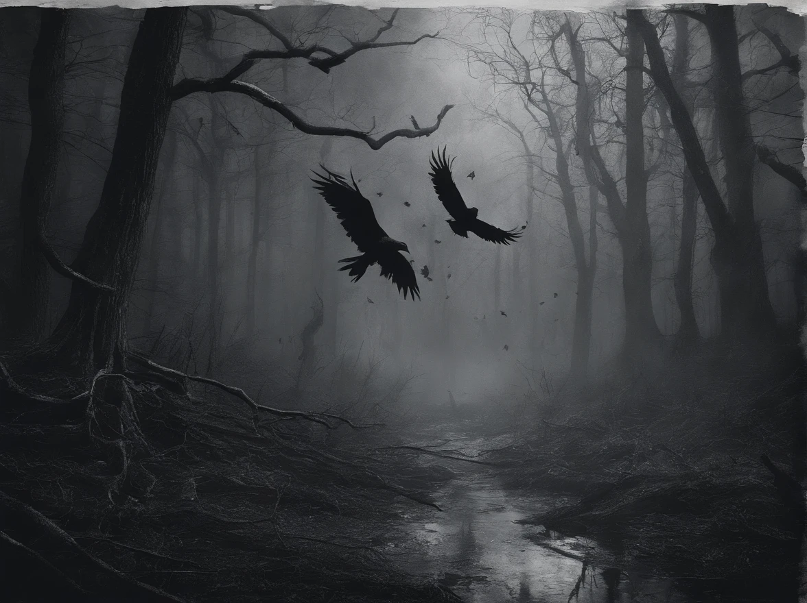 Subject: Ravens gathering around a red human heart in a rainy forest setting, ink wash style
Medium: Digital painting
Style: Black and white, atmospheric
Artist: Suggest artists known for similar styles
Website: Artstation
Resolution: 4k
Additional details: Subtle highlighting of blood, depiction of rain and mist
Color: Black and white
Lighting: Atmospheric, misty