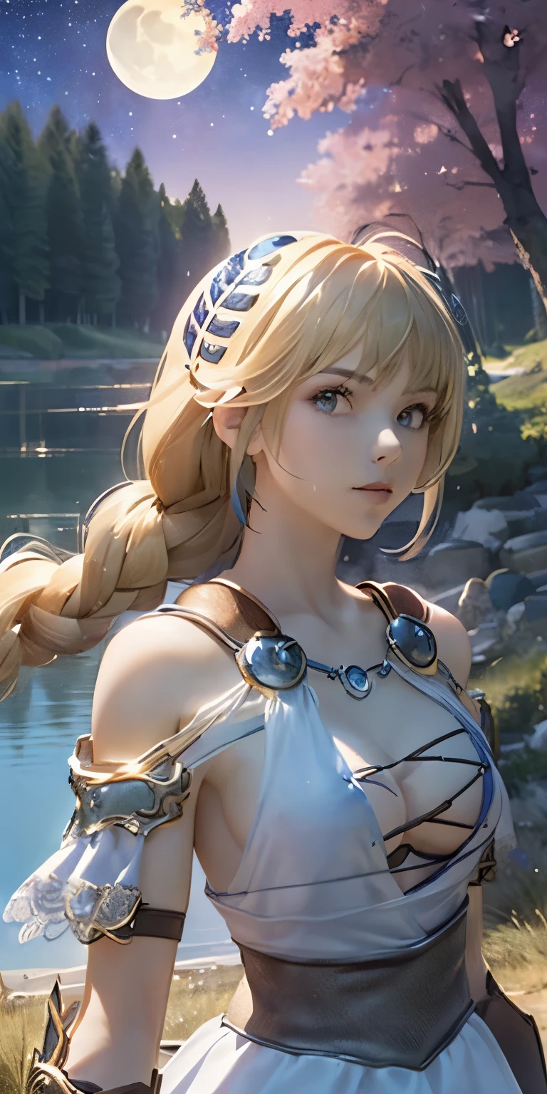 (masterpiece, best quality:1.3), Sophitia Alexandra, Soul Calibur, (upper body:1.5), anime, 28 years old, look at viewer, gold hair, braid hair, (there is a beautiful night with a lake and trees in the background, colorful skies, surreal colors, colorful moon and stars, colorful sky, marvellous reflection of the sky:1.2), 