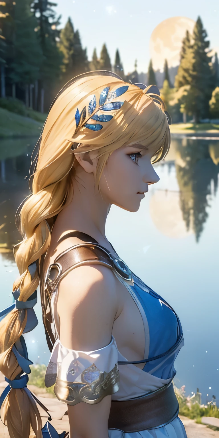 (masterpiece, best quality:1.3), Sophitia Alexandra, Soul Calibur, (upper body:1.5), anime, 28 years old, look at viewer, gold hair, braid hair, (there is a beautiful night with a lake and trees in the background, colorful skies, surreal colors, colorful moon and stars, colorful sky, marvellous reflection of the sky:1.2),