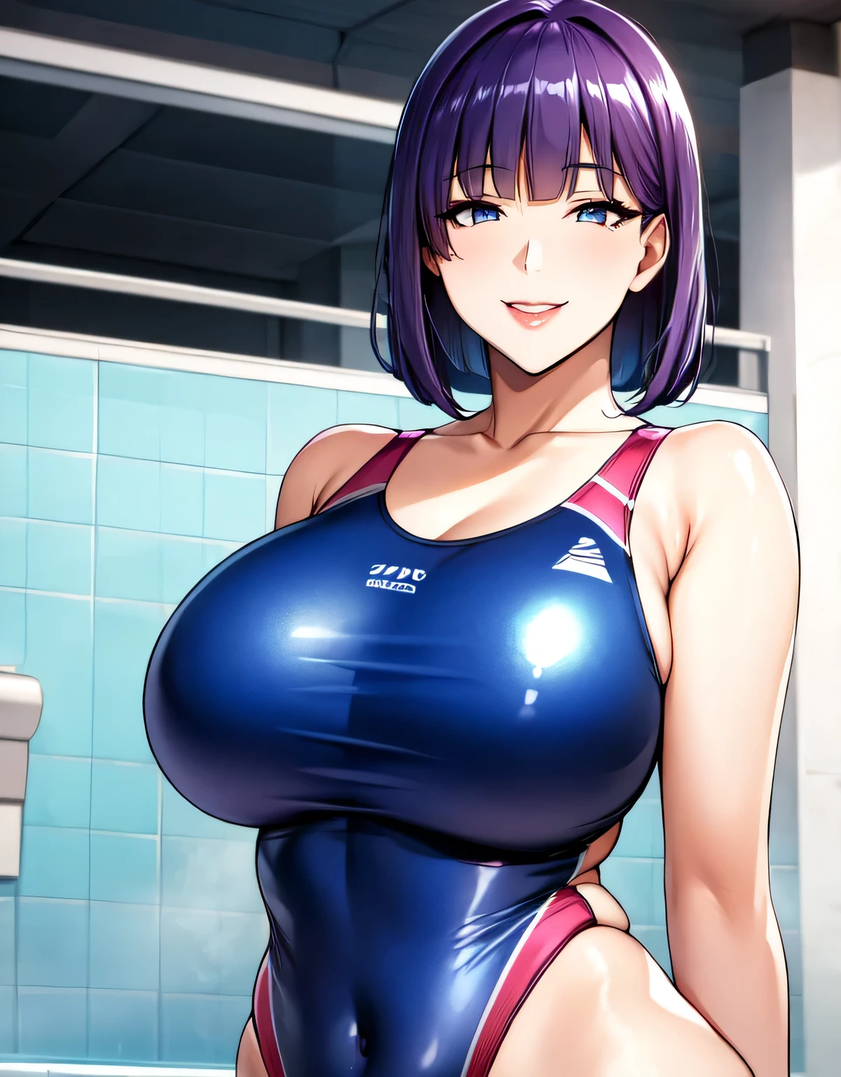 mature female,(large breasts:1.5),(shiny hair),((solo)),((masterpiece)),((best quality)),perfect anatomy,slim waist,perfect image,8k UHD,(beautiful detailed eyes:1.5),extremely detailed face,standing,(upper body:1.3),(look at the front:1.5),arms behindback,ultra-detailed,absurdres,highres,indoor pool,(Purple hair),((blunt bangs)),erotic lips,((sensitive smile)),sexy mature women,30 years-old,semi-long hair,(shiny Competition swimsuit:1.2),