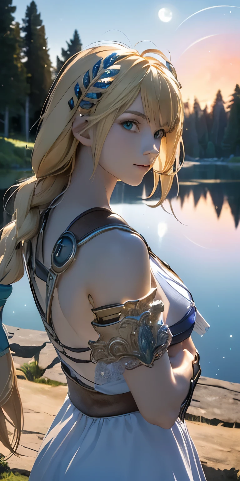 (masterpiece, best quality:1.3), Sophitia Alexandra, Soul Calibur, (upper body:1.5), anime, 28 years old, look at viewer, gold hair, braid hair, (there is a beautiful night with a lake and trees in the background, colorful skies, surreal colors, colorful moon and stars, colorful sky, marvellous reflection of the sky:1.2), 