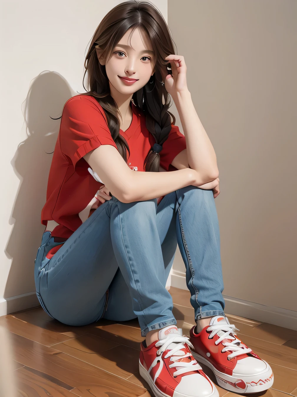 (masterpiece:1.3), (8k, Realistic, RAW Photos, highest quality:1.4), (Realistic face), (brown hair, 1 Knitting, Braided hair:1.3), Beautiful Hairstyles, Realistic eyes, Beautiful small blue eyes, (realistic skin texture), (Beautiful Skin), (( charm, Ultra-high resolution, Ultra-realistic skin, (Natural light)、Golden Ratio, ((smile)), ((full body shot)), (((Red trainer)))、((Skinny jeans and sneakers))