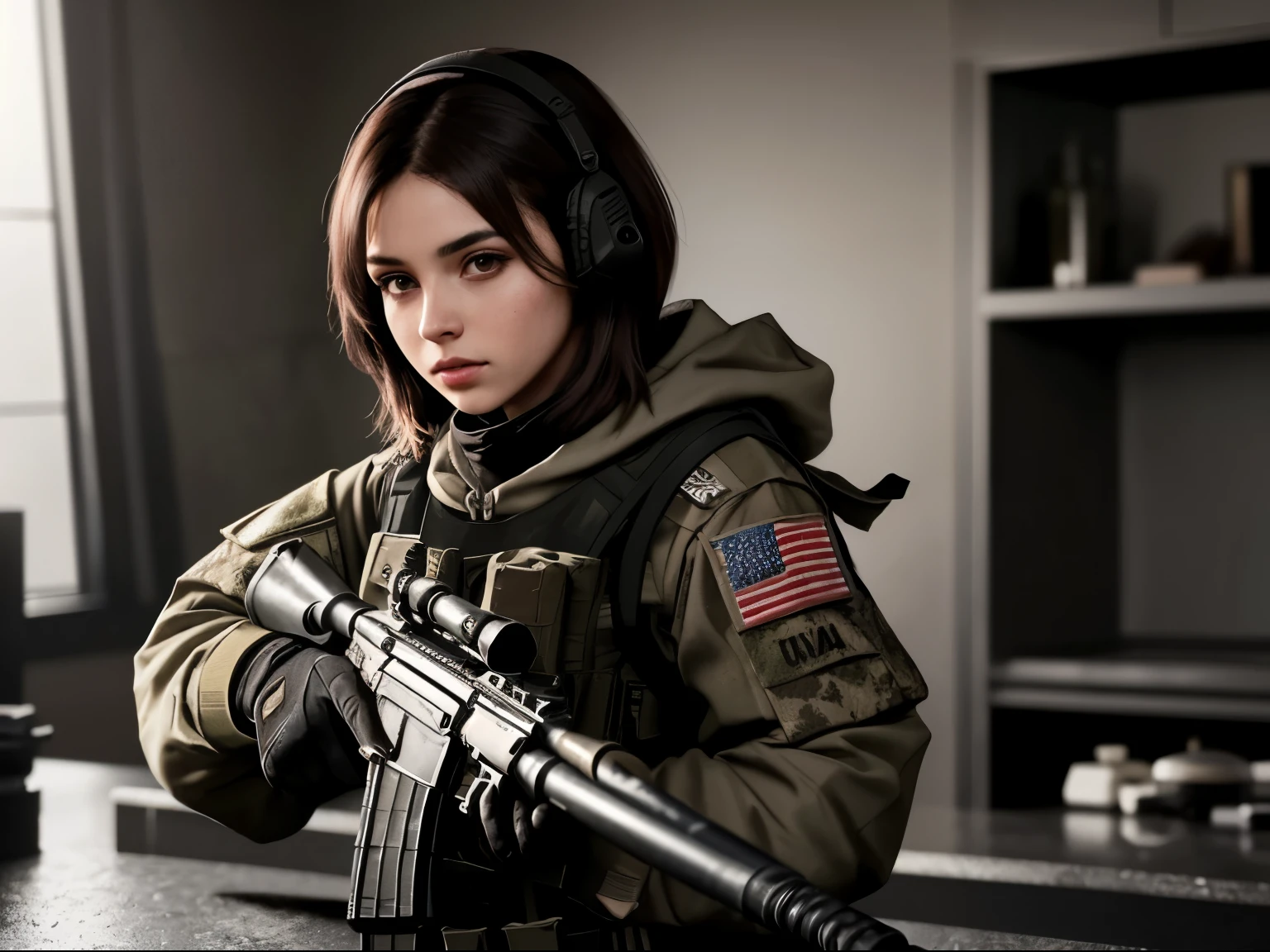 crea la imagen, de una mujer vestida de guerrillera, jugando al counter strike, con pelo ?????, piel rosada, con curvas, con un subfusil en la mano, apuntando, concentrada, Soft lighting, 4k