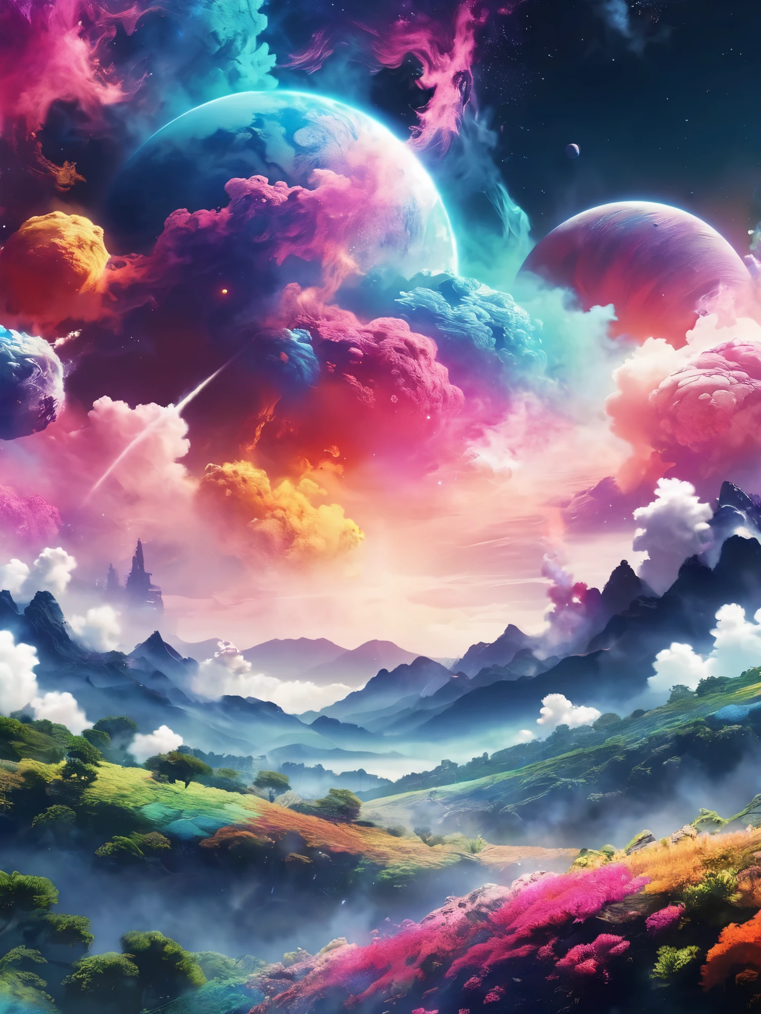 Dreamy anime scenery, multicoloured space smoke 