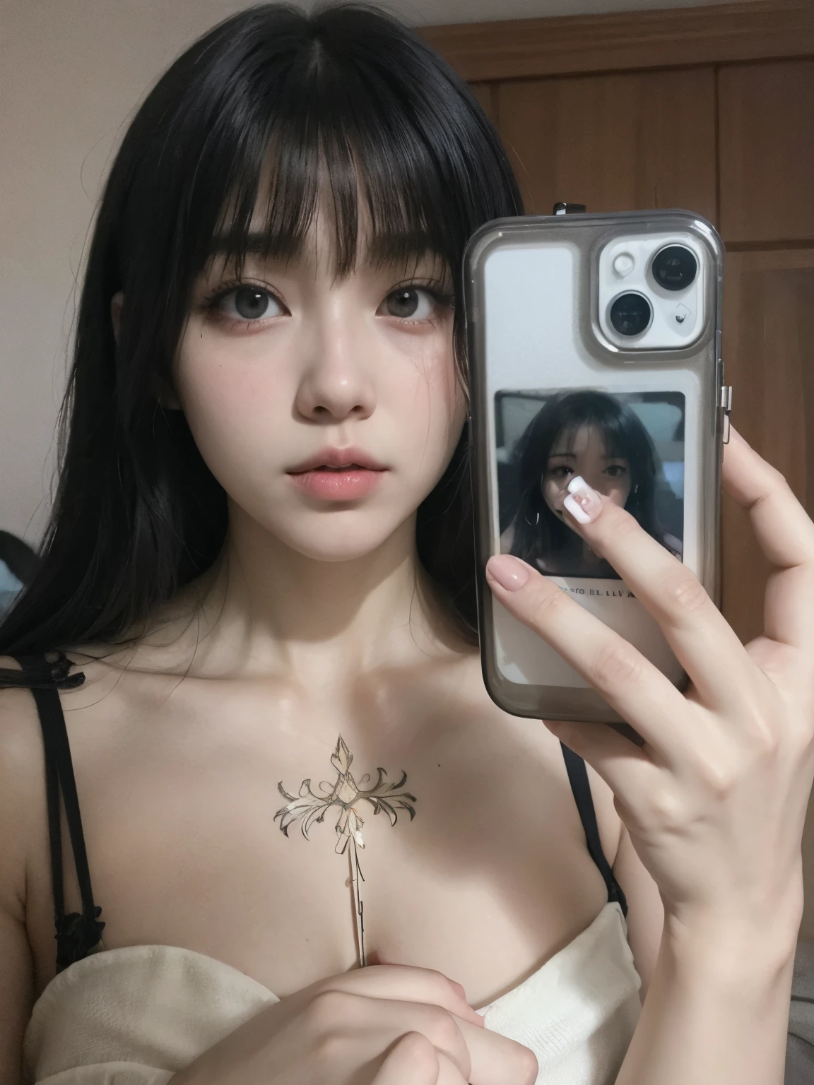 There's a woman taking a picture of herself with her cell phone, Ulzzang, de garota taiwanesa com tatuagens, cruel korean goth girl, Modelo do Instagram, anime vibes, com tatuagem facial, Jinyoung Shin, selfie de uma jovem, inspirado em anime, estilo anime misturado com fujifilm, 🤤 retrato de , coreana, fotografia selfie 8k, garota de anime na vida real