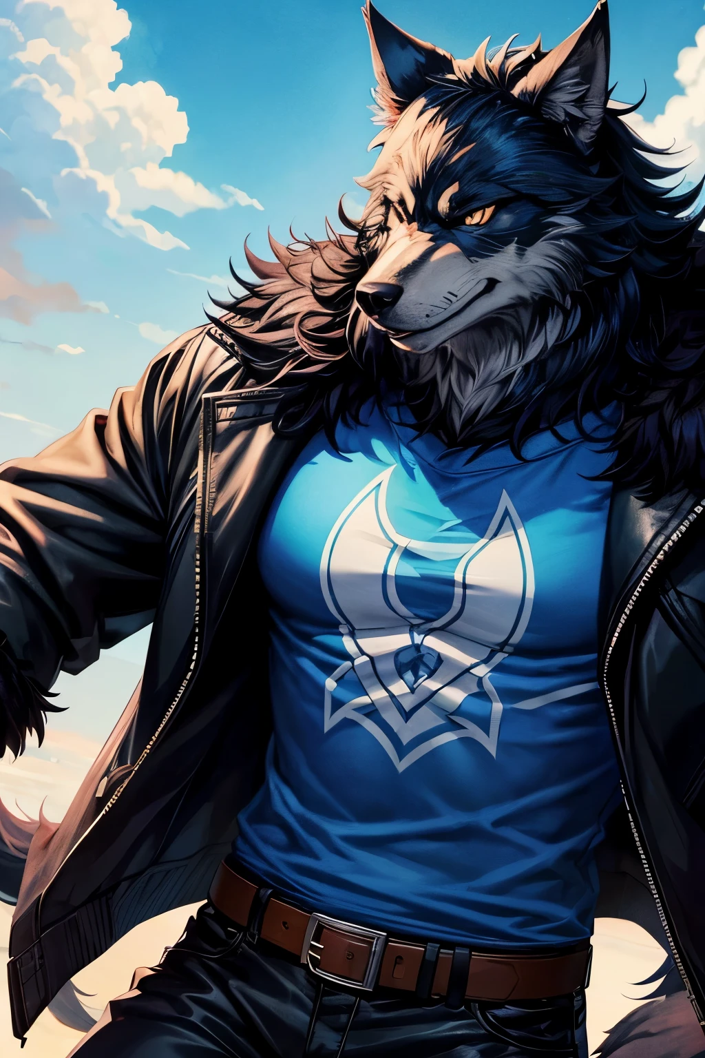A dignified-looking werewolf wearing a T-shirt and a casual jacket turned toward me and smiled. Japanese manga style. Under the blue sky. His entire body is covered in black fur. It has the face of a wolf. With muzzle