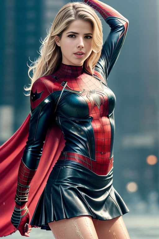 Emily Bett Rickards、マーベル・コミック映画のPoster, Very beautiful, movies about spiderman, sexy, whole body, I'm wearing a skirt、premiere date, Poster、belly buttonを突き出す、new york、she's wearing a torn spiderman suit,the suit is torn、wearing a skirt、 red and black color scheme,dynamic、masterpiece、highest quality、Ultra-detailed、Very detailed、A delicate and beautiful shine、超A high resolution、Cinematic,Break,Breakdrop,(Torn clothes:1.5), (Wet clothes:1.4), Bare shoulders,Real Rain,Wet Hair,belly button、Exposing Skin、sexyな肩を見せてる