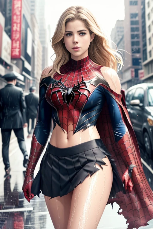 Emily Bett Rickards、マーベル・コミック映画のPoster, Very beautiful, movies about spiderman, sexy, whole body, I'm wearing a skirt、premiere date, Poster、belly buttonを突き出す、new york、she's wearing a torn spiderman suit,the suit is torn、wearing a skirt、 red and black color scheme,dynamic、masterpiece、highest quality、Ultra-detailed、Very detailed、A delicate and beautiful shine、超A high resolution、Cinematic,Break,Breakdrop,(Torn clothes:1.5), (Wet clothes:1.4), Bare shoulders,Real Rain,Wet Hair,belly button、Exposing Skin、sexyな肩を見せてる