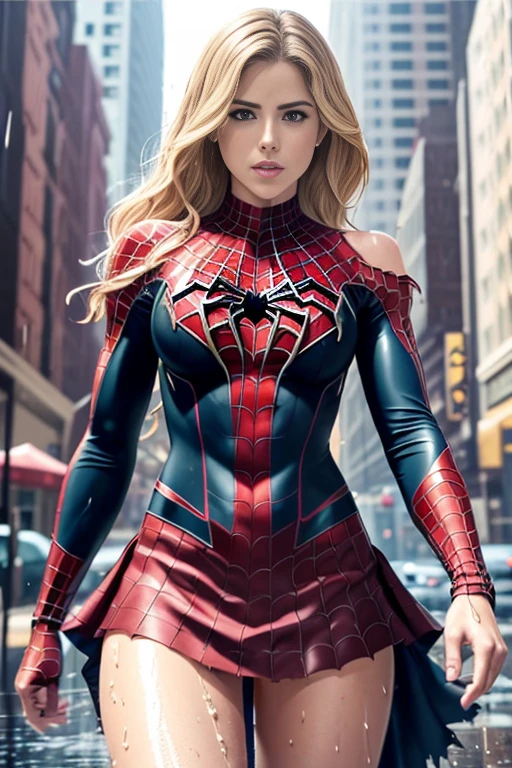 Emily Bett Rickards、マーベル・コミック映画のPoster, Very beautiful, movies about spiderman, sexy, whole body, I'm wearing a skirt、premiere date, Poster、belly buttonを突き出す、new york、she&#39;s wearing a torn spiderman suit,the suit is torn、wearing a skirt、 red and black color scheme,dynamic、masterpiece、highest quality、Ultra-detailed、Very detailed、A delicate and beautiful shine、超A high resolution、Cinematic,Break,Breakdrop,(Torn clothes:1.5), (Wet clothes:1.4), Bare shoulders,Real Rain,Wet Hair,belly button、Exposing Skin、sexyな肩を見せてる