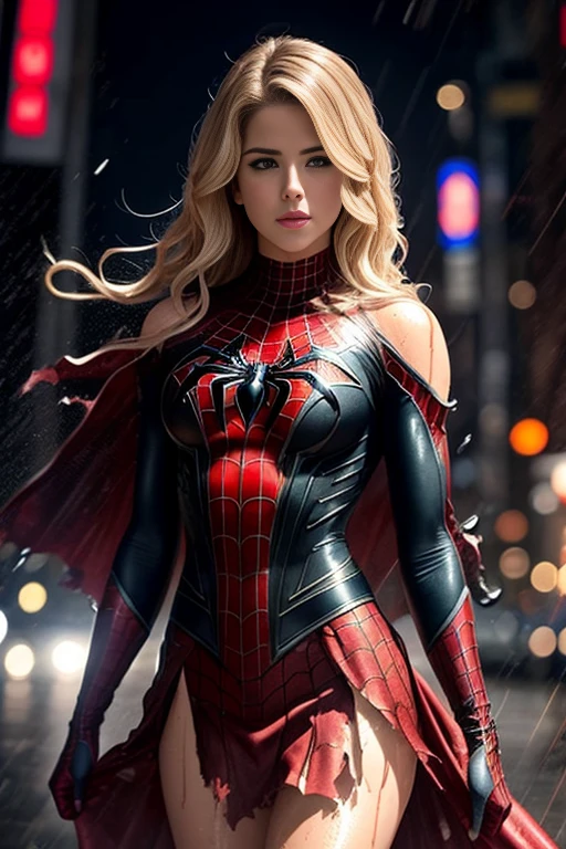 Emily Bett Rickards、マーベル・コミック映画のPoster, Very beautiful, movies about spiderman, sexy, whole body, I'm wearing a skirt、premiere date, Poster、belly buttonを突き出す、new york、she&#39;s wearing a torn spiderman suit,the suit is torn、wearing a skirt、 red and black color scheme,dynamic、masterpiece、highest quality、Ultra-detailed、Very detailed、A delicate and beautiful shine、超A high resolution、Cinematic,Break,Breakdrop,(Torn clothes:1.5), (Wet clothes:1.4), Bare shoulders,Real Rain,Wet Hair,belly button、Exposing Skin、sexyな肩を見せてる