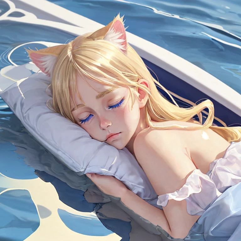 ((Masterpiece)), 8K, from above, cinematic lighting, very messy hair,(portraits, empty bathtub, night), (exposed breast, tattered and torn dirty oversized white-camisole, Slender small breasts, sleepy and smile face), slum, Textured skin, cat ears, pale brown hair, Cute Beautiful girl