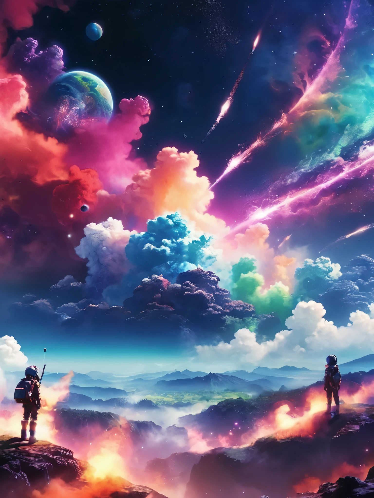 Dreamy anime scenery, multicoloured space smoke 