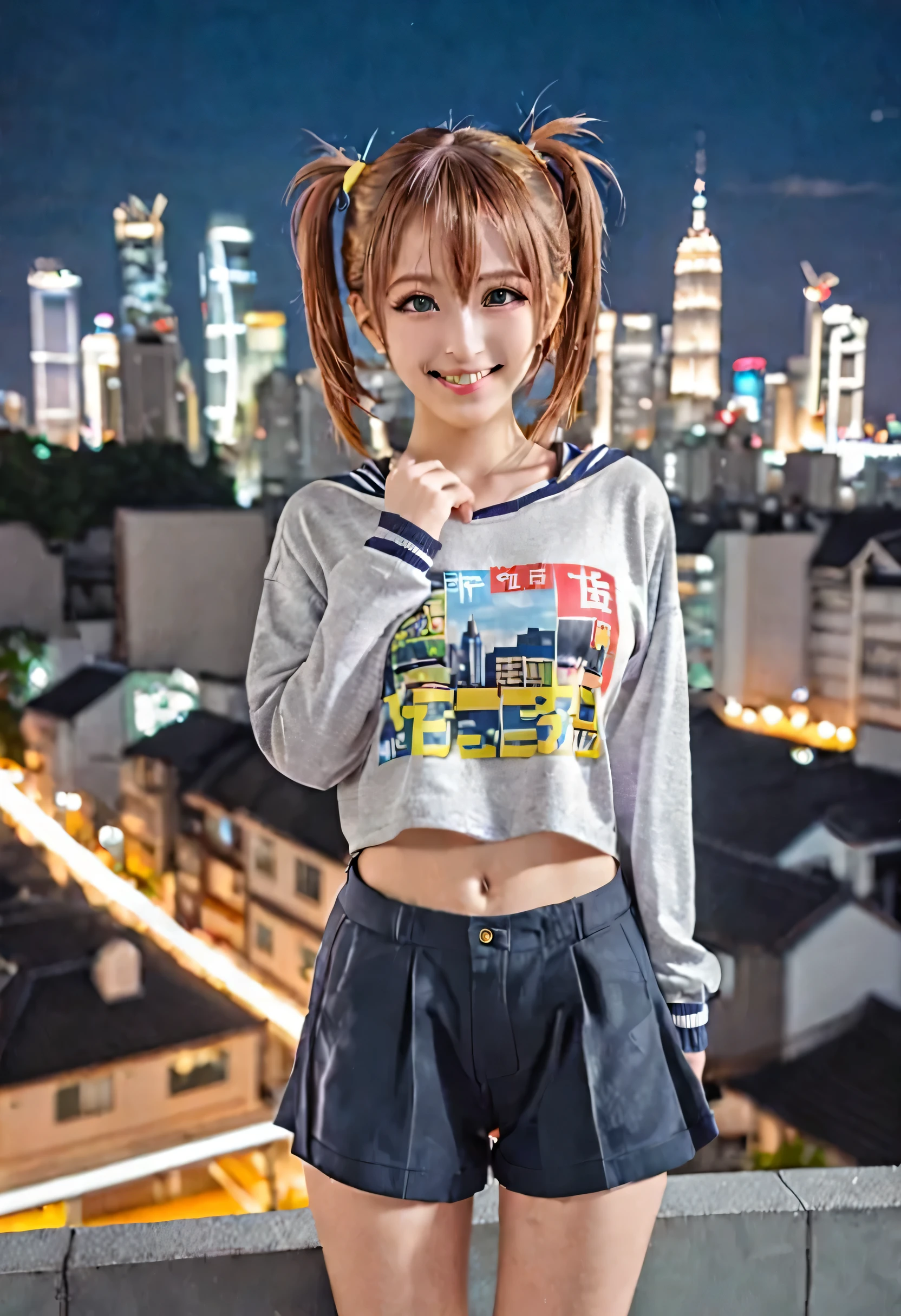 masterpiece、Mastepiece、girl、Random hairstyle、clear eyes、look at the viewer with a smile、Perfect proportions、full body shot、random clothes、Sexy pose、The background is a cityscape