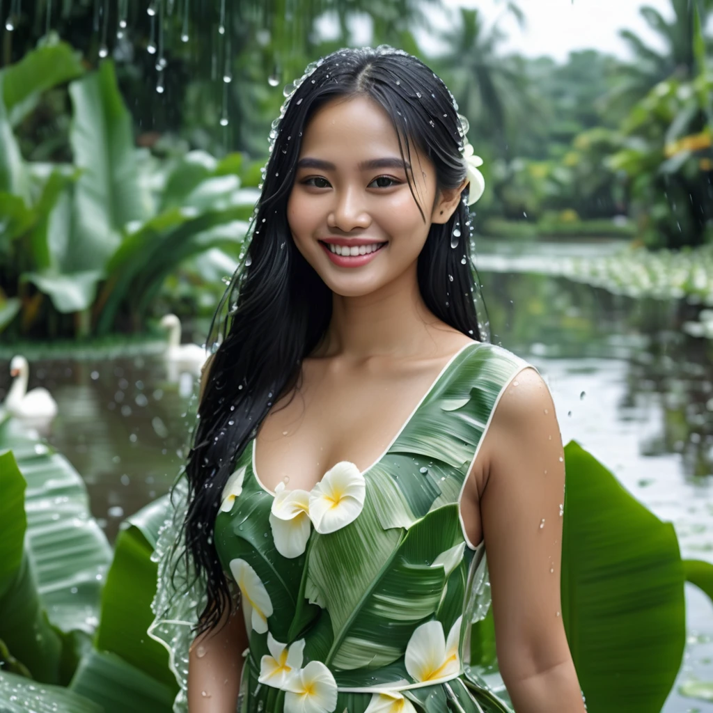 remind:
A beautiful 25 year old woman from Indonesia, with long flowing black hair, clean and shining white skin, wearing a banana leaf dress, covered in raindrops with the words 'Love Adi" while smiling affectionately, in the background is a flower garden with a lake, there are several swans inside the lake, hyper realistic, highly detailed, 16 k, wide viewing angle, ultra HD, photography