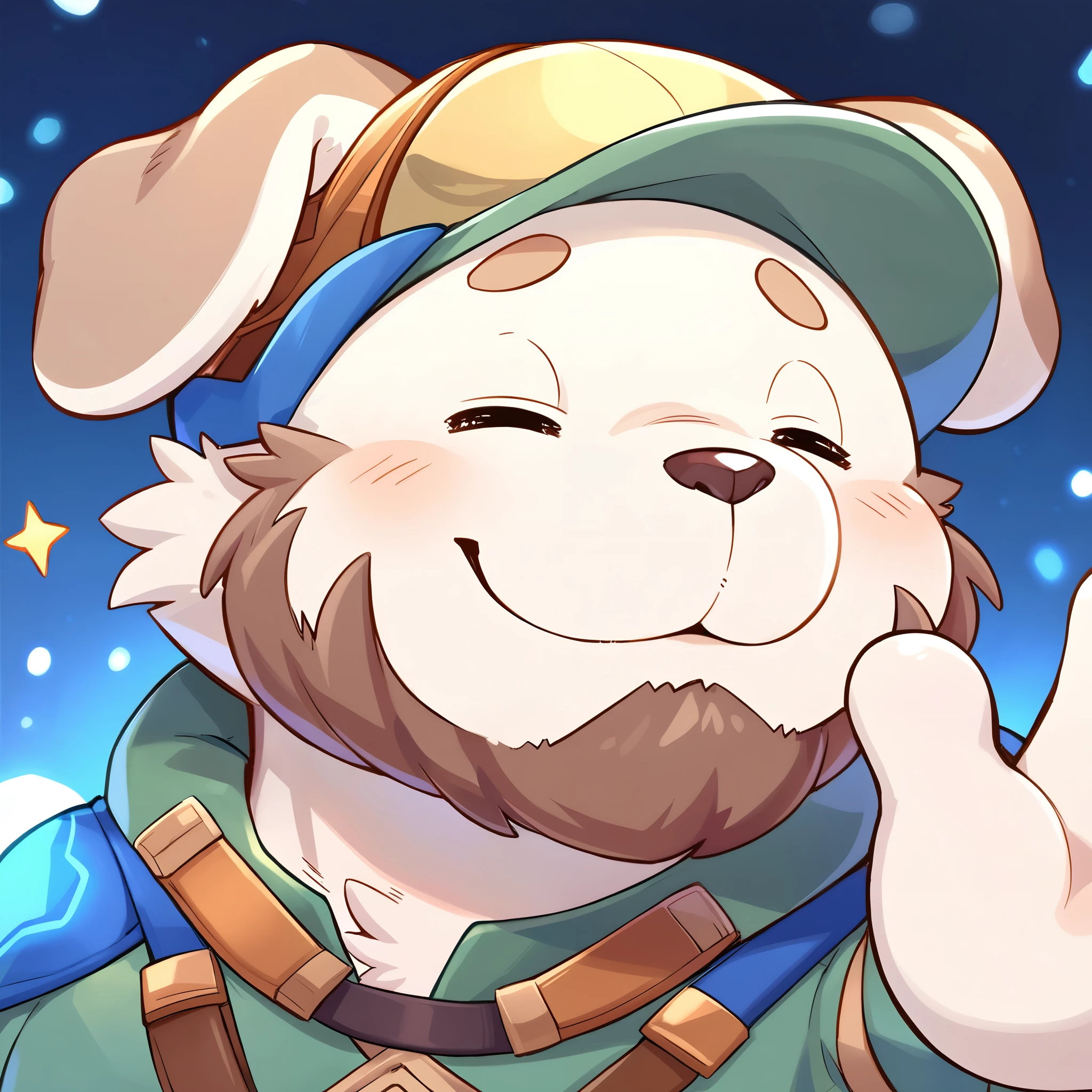 anthro, kemono, male, solo, ((round face, very plump face, thick beard)), ((endomorph body type, old-aged)), ((adventure costume:1.5)), ((domestic dog, dog) fluffy fur, fluffy), (simple background), ((say goodbye to viewer, waving his hand to viewer)), (particle lighting:0.4), bokeh, (high quality, highres, masterpiece), (dynamic lighting, vivid color), (happy, lift-eyebrow), memorable wholesome scene, close up, cartoon, (upperbody, face focus), BREAK (((closed eyes)))