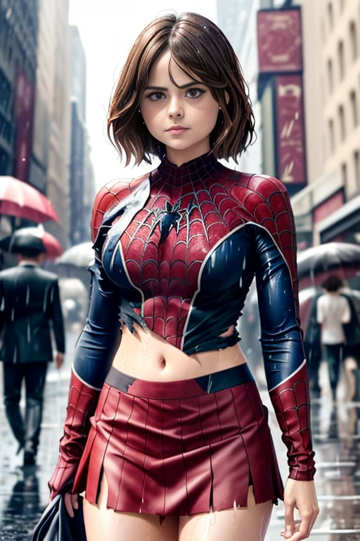 jenna louise coleman、マーベル・コミック映画のPoster, Very beautiful, movies about spiderman, sexy, whole body, I'm wearing a skirt、premiere date, Poster、belly buttonを突き出す、new york、she's wearing a torn spiderman suit,the suit is torn、wearing a skirt、 red and black color scheme,dynamic、masterpiece、highest quality、Ultra-detailed、Very detailed、A delicate and beautiful shine、超A high resolution、Cinematic,Break,Breakdrop,(Torn clothes:1.5), (Wet clothes:1.4), Bare shoulders,Real Rain,Wet Hair,belly button、Exposing Skin、sexyな肩を見せてる