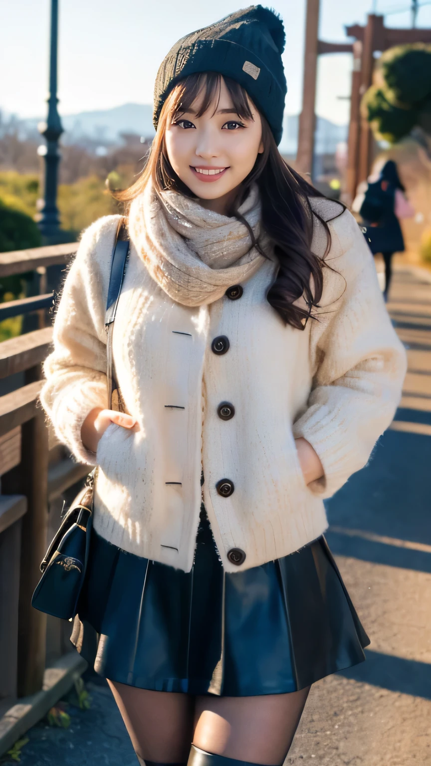 (realistic, photo-realistic:1.4), (extremely detailed 8k wallpaper), bokeh, detailed beautiful eyes and skin, (Image from thighs to head:1.3), (Japanese idol:1.3), 25yo, beautiful woman, smile, (large breast:1.2), full body, 
Knit midi skirt, cropped puffer jacket, combat boots, wool beanie, thermal leggings, leather backpack,