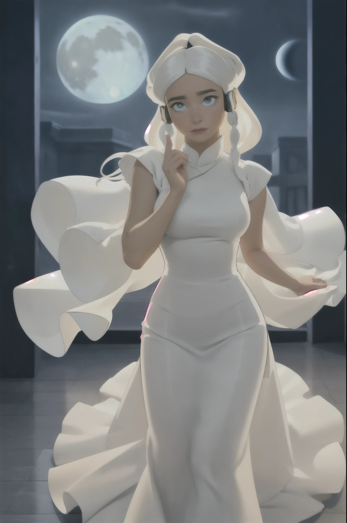 (princess yue:1.2), white hair, (girl glowing with a white aura, blue magic wisps surrounding her:1.5), (hair down, long hair, flowing hair, floating hair), light blue belt with long ribbons, blue eyes, tan skin, dark skin, (white moon goddess dress, goddess dress, white dress, floor length dress, long dress:1.5), flowy dress, glowing aura, moon behind her, moon and stars background, (realistic:1.2), (masterpiece:1.2), (full-body-shot:1),(Cowboy-shot:1.2), neon lighting, dark romantic lighting, (highly detailed:1.2),(detailed face:1.2), (gradients), colorful, detailed eyes, (detailed landscape:1.2), (natural lighting:1.2),(detailed background), detailed landscape, (shy pose:1.2), (solo, one person, one subject:1.5), (close up:1.2),