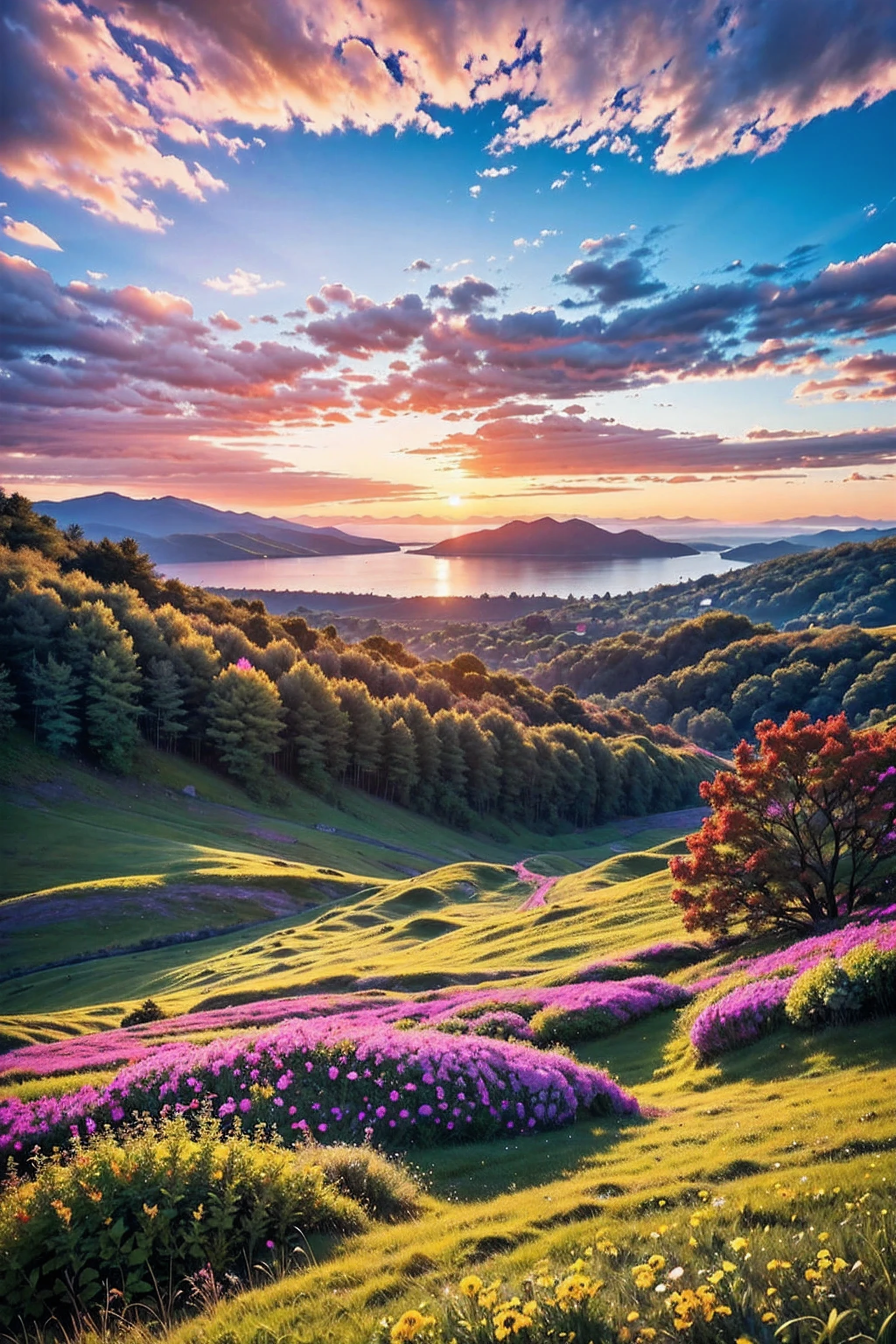 There is a beautiful sunset, the hillside is covered with flowers and plants, the flowers are up close, the colorful sky, the surreal colors, the colorful sunsets, the colorful sky, the marvelous sky reflection, the amazing sky, the fantastic atmosphere 8K, the colorful clouds, the color reflection on the lake, the surreal sky, the red and blue reflection, the fire reflection, the beautiful sky, the beautiful and spectacular dusk, the beautiful dream landscape, the amazing sky