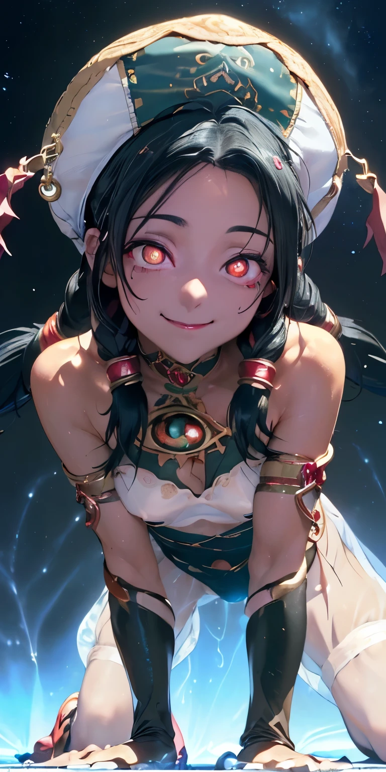 (masterpiece, best quality:1.3), (upper body:1.3), perfect face, expressive eyes, 1girl, looking at viewer, ************, (slim body, small breast:1.3), beautiful, anime, girl, lora, talim, 1girl, dark skin, black hair, braid pigtails, white hat, arabic clothes, see-through, (all fours:1.5), (corrupt, brainwashed, hypnotized, mind controlled:1.5), (evil smile:2.0), (big cute eyes:1.5), (empty eyes, simple eyes, glowing red pupils:2.0), (crotch tattoo, glowing tattoo:1.5), (cinematic lighting, fairy tale, realistic, dream-like, enchanting atmosphere:1.5), (fantastic and beautiful night sky, abandoned park:1.5),