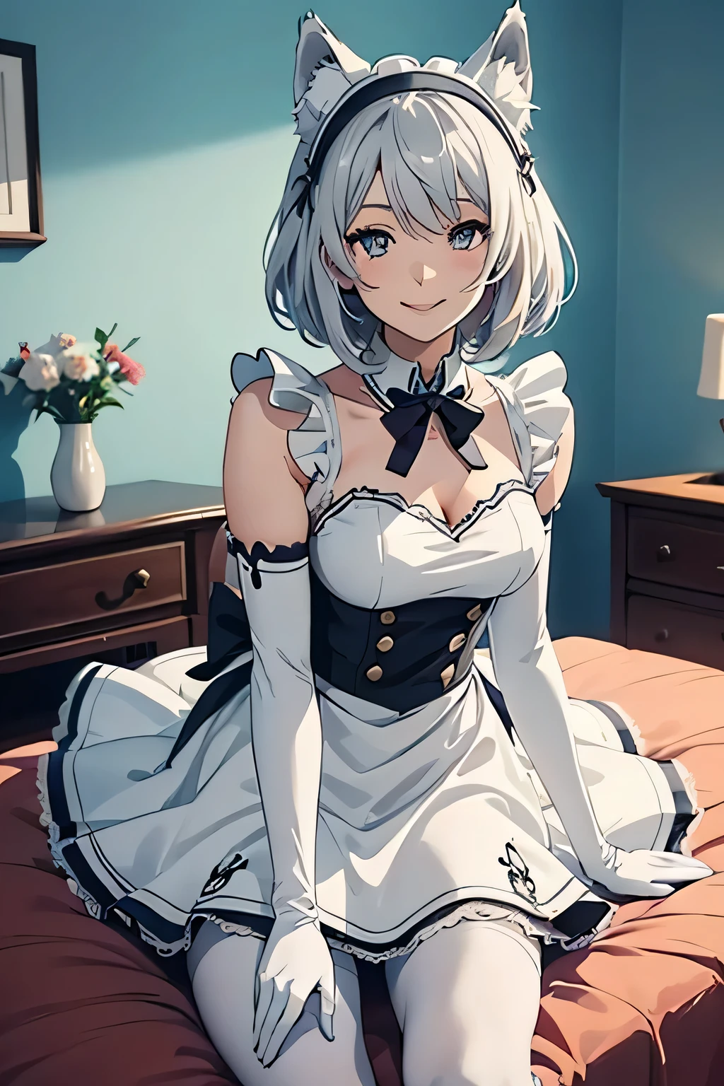 table top High level image quality best image quality 8k adult woman portrait white long gloves(elbow gloves) white pantyhose Maid clothes(sleevelesini skirt white wolf ears short hair((shortcut)(gray hair)(perm)(fluffy)) eye color is blue attractive face((laughter)(smile)(open your mouth)) beautiful feet view from the side on the bed