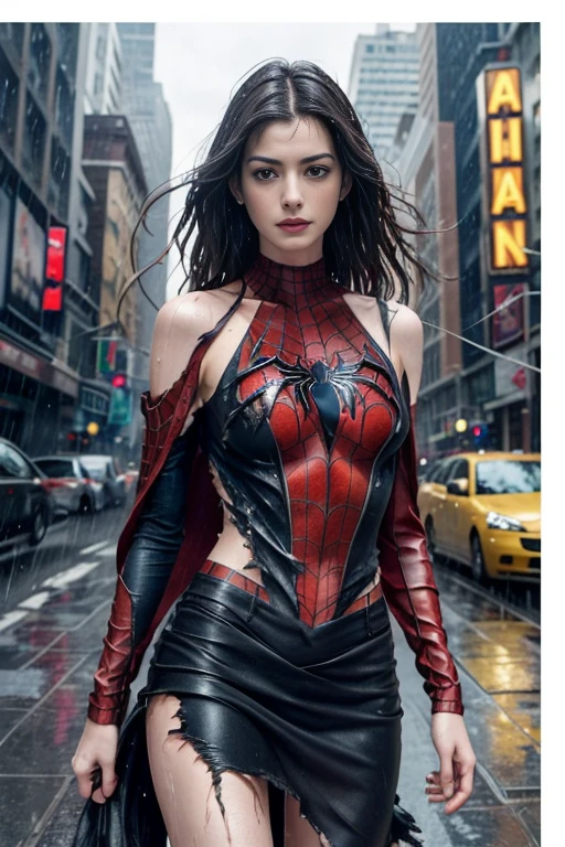 Anne Hathaway、マーベル・コミック映画のPoster, Very beautiful, movies about spiderman, sexy, whole body, I'm wearing a skirt、premiere date, Poster、belly buttonを突き出す、new york、she's wearing a torn spiderman suit,the suit is torn、wearing a skirt、 red and black color scheme,dynamic、masterpiece、highest quality、Ultra-detailed、Very detailed、A delicate and beautiful shine、超A high resolution、Cinematic,Break,Breakdrop,(Torn clothes:1.5), (Wet clothes:1.4), Bare shoulders,Real Rain,Wet Hair,belly button、Exposing Skin、sexyな肩を見せてる