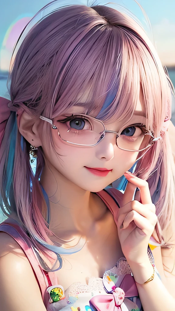 Small face、 (alone:1.5,)Very detailed,Bright colors, Very beautiful detailed anime faces and eyes, Look straight ahead,  Shiny_skin,girl, (((Rainbow Hair, Colorful Hair, Half light blue、Half pink hair: 1.2))), 、Shiny hair, Delicate beautiful face, blush、Glasses、(Turquoise Eyes), , Valletta, Earrings,、Flower Garden、Sunset、(((Floral、Sailor suit、Stylish lace mini skirt,Translucent swimsuit)))、（Twin tails）、smile、Happy Face、face dyed red、Cheerful pose、dynamic、Head to toe full body portrait、（The whole body is visible）、（left hand、ring finger、ring）、Place your hand on the Glasses