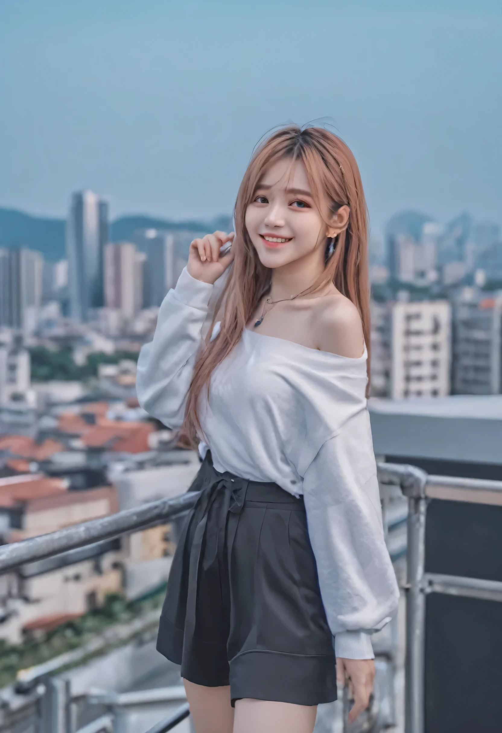 masterpiece、Mastepiece、girl、Random hairstyle、clear eyes、look at the viewer with a smile、Model pose、Perfect proportions、full body shot、random clothes、The background is a cityscape