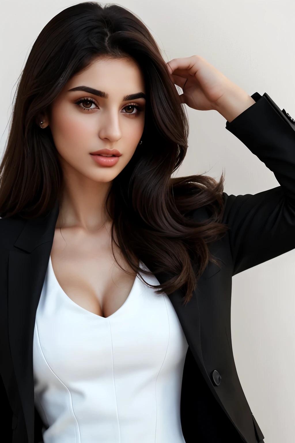Beautiful woman (One) with Armenian features, long brown hair, Brown eyes, sculpted body, Eyes looking at the screen, medium height, weight corresponds to height, to have a beautiful body, (((in a black suit))) ((white solid background))