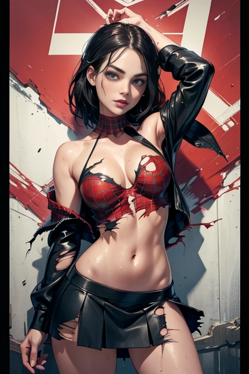 margot robbie、マーベル・コミック映画のPoster, Very beautiful, movies about spiderman, sexy, whole body, I'm wearing a skirt、premiere date, Poster、belly buttonを突き出す、new york、she's wearing a torn spiderman suit,the suit is torn、wearing a skirt、 red and black color scheme,dynamic、masterpiece、highest quality、Ultra-detailed、Very detailed、A delicate and beautiful shine、超A high resolution、Cinematic,Break,Breakdrop,(Torn clothes:1.5), (Wet clothes:1.4), Bare shoulders,Real Rain,Wet Hair,belly button、Exposing Skin、sexyな肩を見せてる